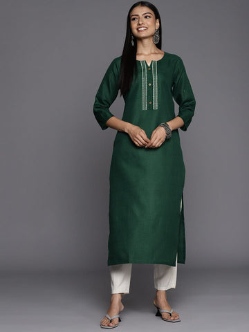 varanga green embroidered kurta with round neck